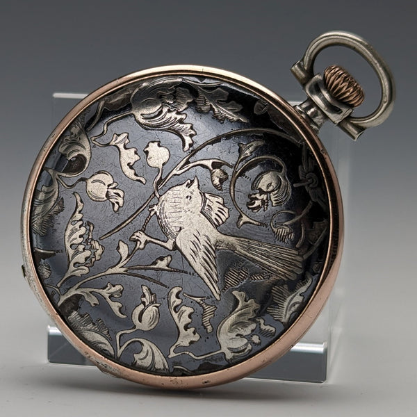 約 1923 年古董浪琴懷錶,帶花鳥裝飾,銀側 Niero Hunter 錶殼,工作狀況良好